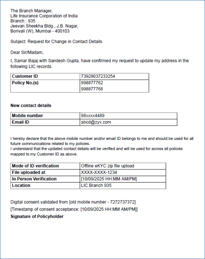 Formatted email notice confirming a change in contact details