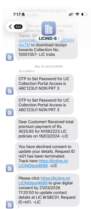 SMS thread with transactional alerts and one-time passwords
