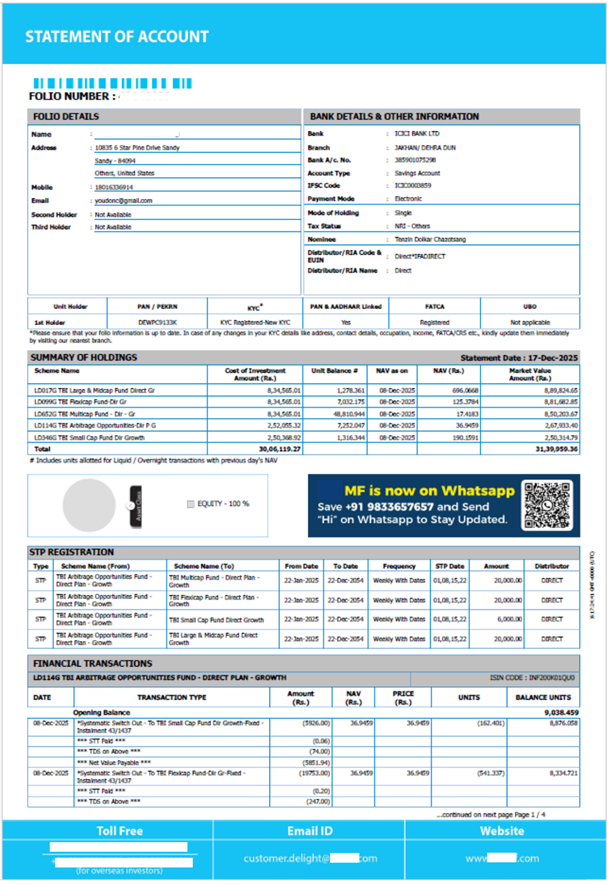 Mutual-fund statement of account with holdings summary, STP registration and financial transactions