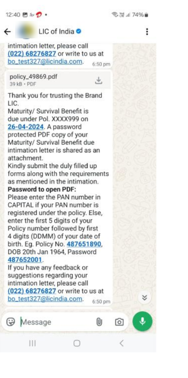WhatsApp conversation delivering a password-protected PDF from a verified business account